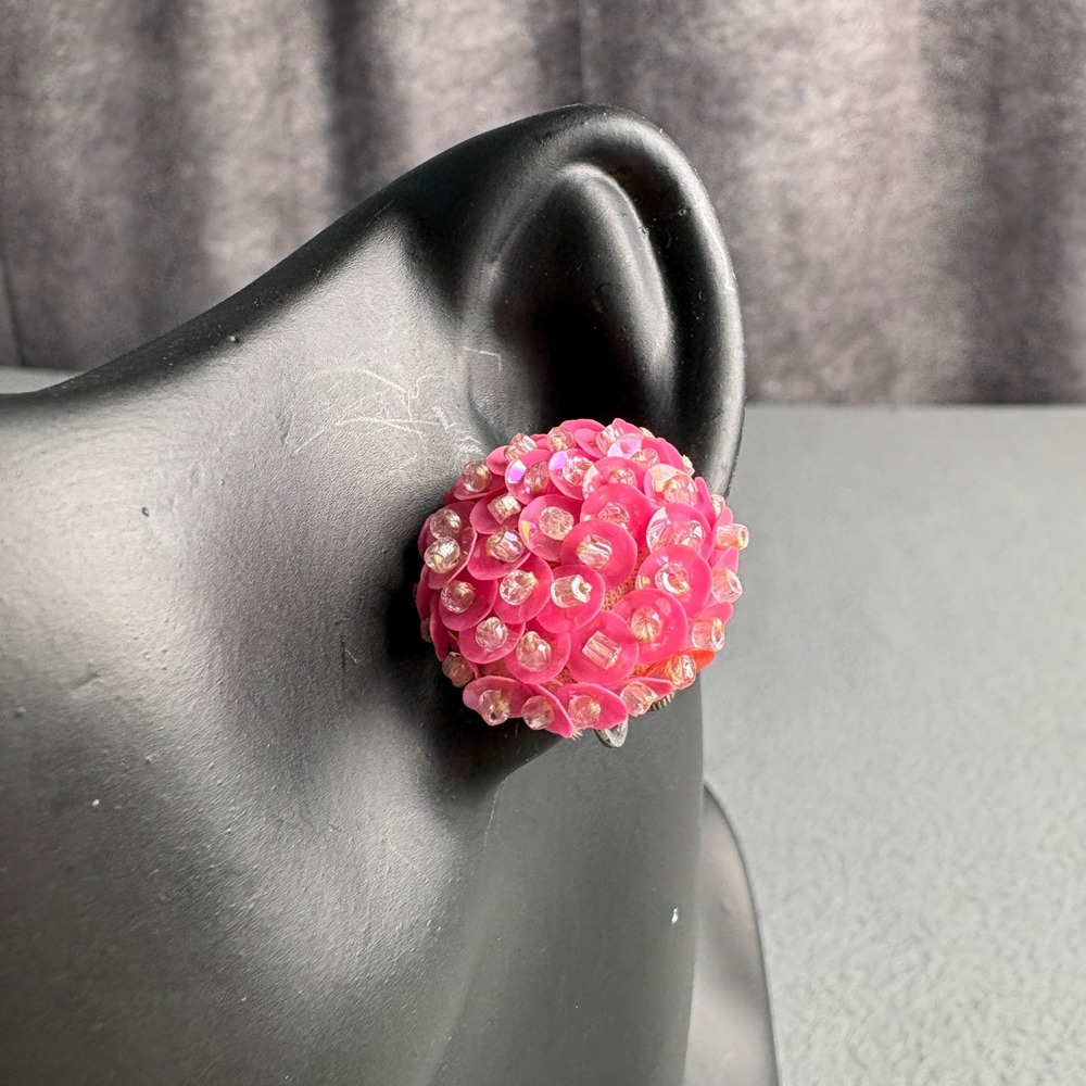 Vintage Pink Sequin Bead Cluster Screw Back Earrings Round Dome Shimmering